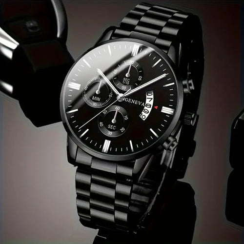 Men'S Business Round Quartz Watch, Fashion Design with Calendar Display, Pointer Type, Black Stainless Steel Strap, Electronic Movement